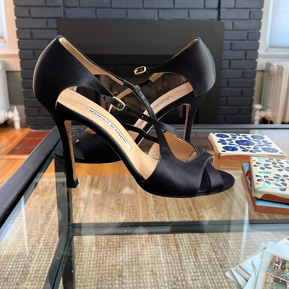 Manolo Blahnik Black Satin Peep Toe Stiletto Slingback Heels